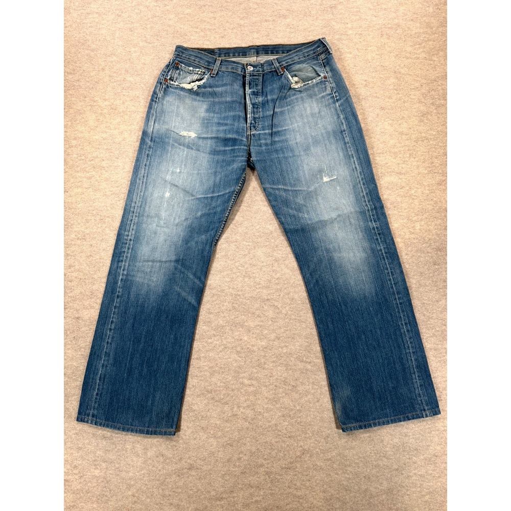 Levis 501 Straight Jeans Mens 36x32 Blue Whisker Denim Distressed 00501-0134